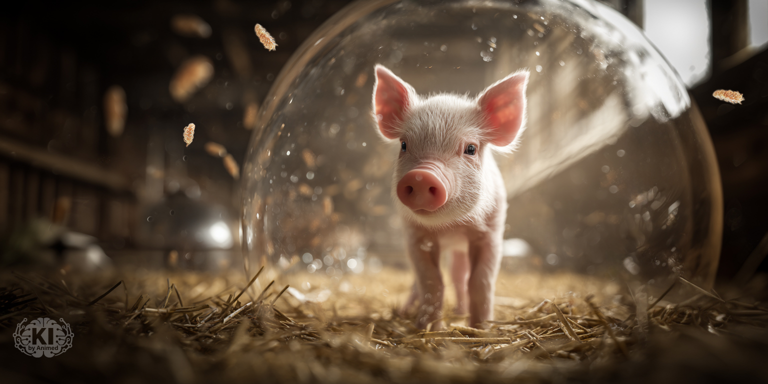 Dekoratives Bild eines Ferkels, welches von einer schützenden Blase umgeben ist
