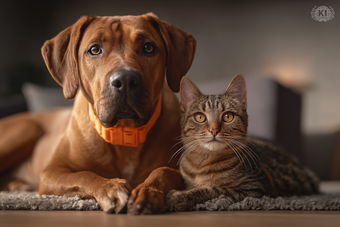 Dekoratives KI generiertes Bild/Midjourney von einem Hund und einer Katze