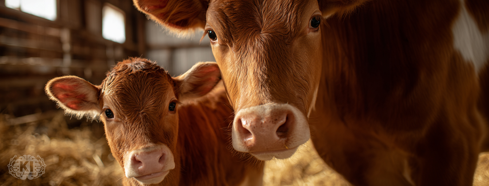 Dekoratives Ki-generiertes Bild / Midjourney einer Mutterkuh und ihrme Kalb